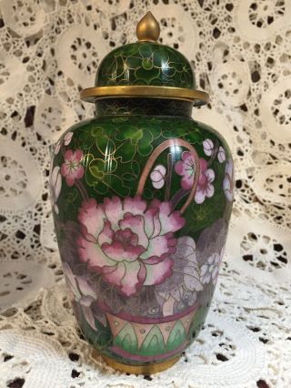 Vintage Chinese Cloisonne Ginger Jar Metal Lidded No Dent Floral Design Urn Vase