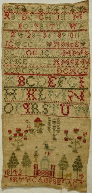Early/mid 19th Century Motif & Alphabet Sampler By Girty? Campbel - 1842