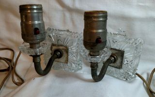 Vintage Thick Pressed Glass Square Wall Sconces Set Of 2 Electric Lights Antique