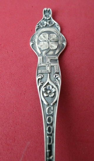 Clover Indian Swastica Wishbone Good Luck Sterling Silver Souvenir Spoon 5 1/2 "