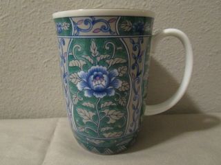 Rare Vintage Otagiri Japan Green Blue Floral Flowers Coffee Cup Mug Gold Rim