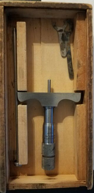 Vintage Antique Tool Brown & Sharpe Mfg Micrometer Depth Gage In Wood Box