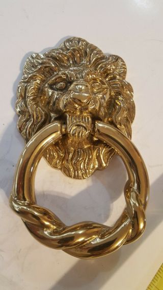Vintage Heavy Shiney Cast Brass Large Lion Head Door Knocker 6 1/2 " X 3 1/2 " Vgc