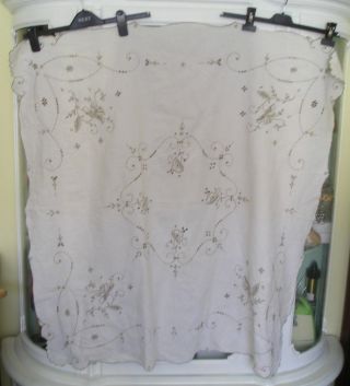 Vintage Off White Cut Work Tablecloth With Beige Embroidery - 40 " X 41 "