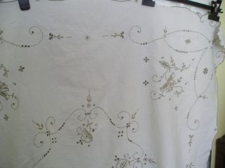 Vintage Off White Cut Work Tablecloth with Beige Embroidery - 40 