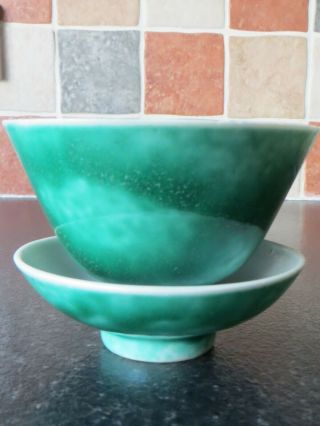 Chinese Porcelain Mottled Green Tea Bowl / Wine Cup And Dish,  Vintage,  In Vgc