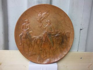 Rare Vintage American Usa Handmade Embossed Leather Plate Plaque Cowboys Western