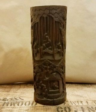 Vintage Chinese Carved Bamboo Brush Pot Scholars Trees 11 " Tall