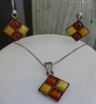 Vintage Sterling Silver & Baltic Amber Pendant Necklace Earrings 8.  9 Grams