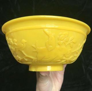 Antique Asian Chinese Rare Yellow Peking Glass Birds Flowers Bowl scarce 3