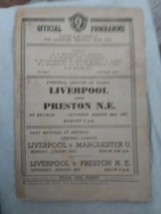 Liverpool Fc V Preston North End August 23rd 1947 Div 1 And Very Rare
