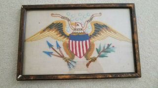 1870s American Eagle And Shield Embroidered On Linen,  Framed Under Glass Unfaded