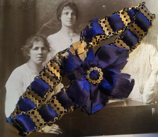 Antique Victorian Gold And Blue Silk Lingerie Fashion Garter Very Rare Piece.