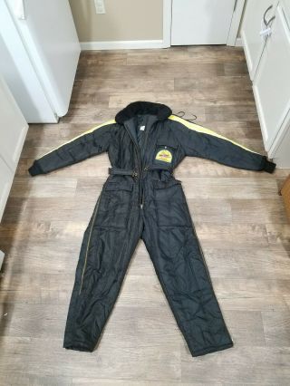 Vintage Snowmobile Snow Suit Coveralls Black And Yellow Insulated M/l