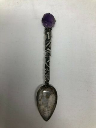 Chinese Export Silver Spoon Carved Amethyst Flower