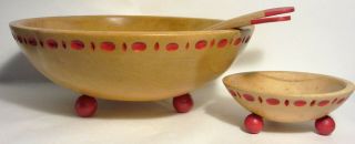 2 Munising Wood Bowls Both With Red Ball Feet & Red Decorations Around Edge