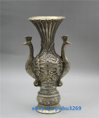 Rare Chinese Old Tibet Silver Hand - Carved Peacock Copper Vase W Xuan Mark