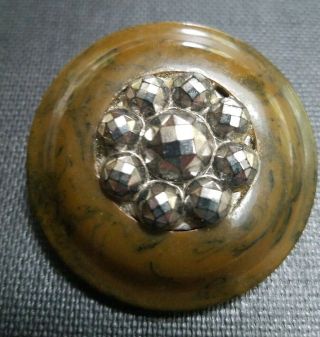 Wonderful Antique Plastic Bakelite? Cut Steel Button,  Olive Color,  1 3/4 "