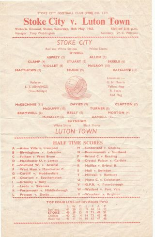 Stoke City V Luton Town 1962 - 1963 Single Sheet - Rare.  Fast Post