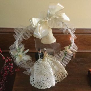 Vintage Wedding Cake Topper,  Plastic Base.  10” Bow,  Flowers,  Bell.  Lace,  Net.