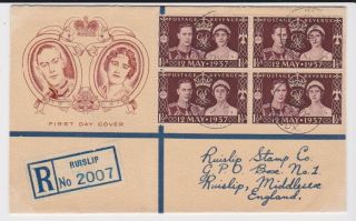 Gb Stamps Rare First Day Cover 1937 Kgvi Coronation Block Of Four Ruislip Cds