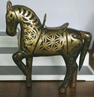 Vintage Copper,  Brass Inlaid,  Highly Detailed War Horse Figure With Red Eyes