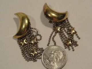 Rare Earrings 18k 750 Gold Sterling Silver Moon Stars Designer 52 Mid Century