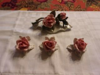 Vintage Set Of 4 Ens (germany) Porcelain Pink Rose Place Card Holders