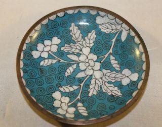 Antique Chinese Hand Painted Blue White Floral Design Cloisonne Pin Dish 3.  75 "