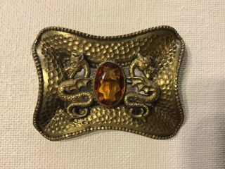 Antique Art Nouveau Brass Hammered Curved Dragons Citrine Glass Sash Pin Brooch