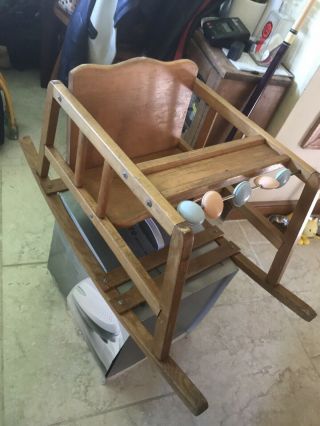 Vintage Doll Rocker Wooden Rocking Chair Rattles & Leather Seat Strap 13”h 28”l