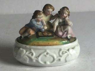 Antique Victorian English German Porcelain Figural Covered Box Children Playing