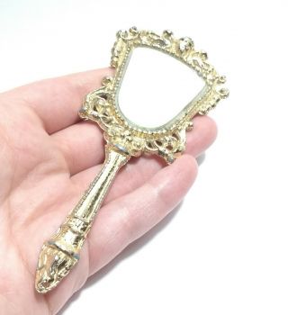Rare Antique Ornate Gold Tone Victorian Hand Held Mirror Vanity Mirror