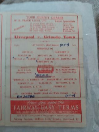 LIVERPOOL FC v GRIMSBY TOWN Nov 8th 1947 And VERY Rare 3