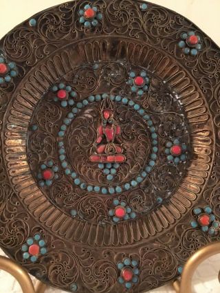 Great Antique/vintage Ethnic India Brass Filgree With Coral/turquoise Tray.  8