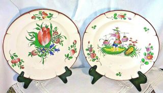 2 Antique 1850s St Clement French Faience ”chinaman” & " Flower " 9 5/8in Plates