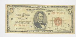 Rare 1929 $5.  00 National Currency Cleveland Federal Reserve Bank Brown Seal 551