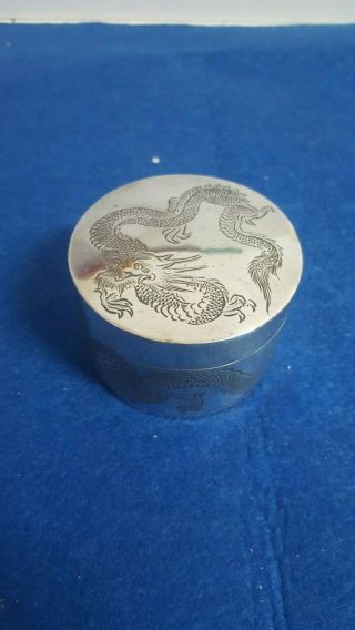 Rare Antique Chinese Silver Trinket Box W/ Dragon Decoration Marked On Base