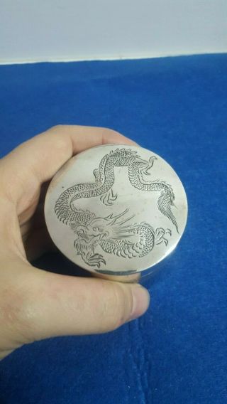 RARE ANTIQUE CHINESE SILVER TRINKET BOX W/ DRAGON DECORATION MARKED ON BASE 3