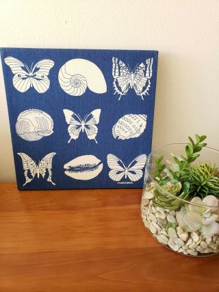 Vintage Marushka Sea Shell And Butterfly Framed Stretched Textile Art,  13x13”