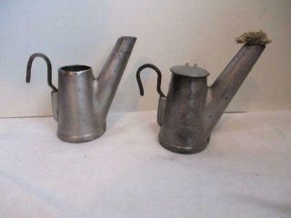 2 Antique Vtg Teapot Style Coal Miners/mining Caving Lamps - Pewter