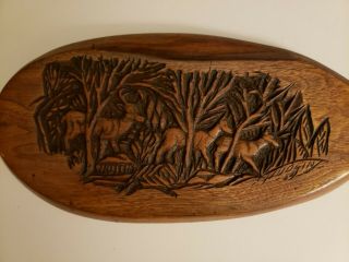 Hand Carved Wooden Wall Plaque W/deer In Forest 14 3/4 " X 7 1/8 "