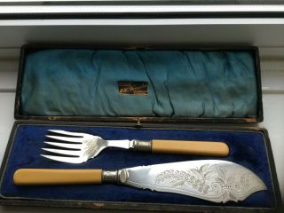 Antique Heavy Ornate Silver Plated Fish Knife,  Fork Serving Set - Rr.