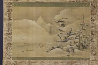 Japanese Hanging Scroll Art Painting Snowy Sansui Landscape E9109