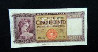 1961 Italy Rare Banknote Lire 500 Italia Vf -