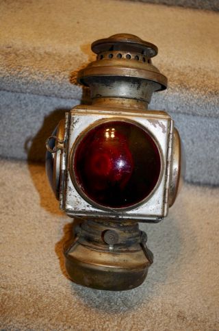 Antique Model T Era Car Lantern Kerosene Oil Lamp W/ Clear,  Blue Red Glass Globe