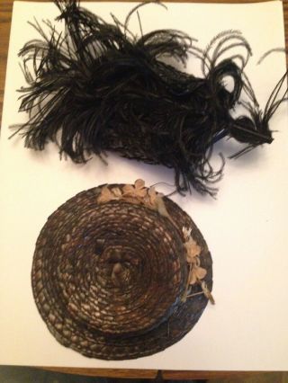 Antique/vintage Straw Hat And Fan With Feathers For 14 " - 16 " Doll
