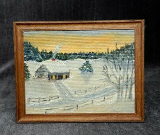 Vintage Framed Winter House Oil Painting - Artisan Dollhouse Miniature 1:12