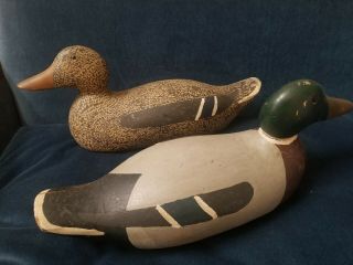 Antique Pair Hand Painted Mallard Carved Decoy Ducks Mason Pratt Gl Eye Folk Art