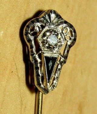 Antique Art Deco 14k White Solid Gold Diamond & Sapphire Stick Pin Estate